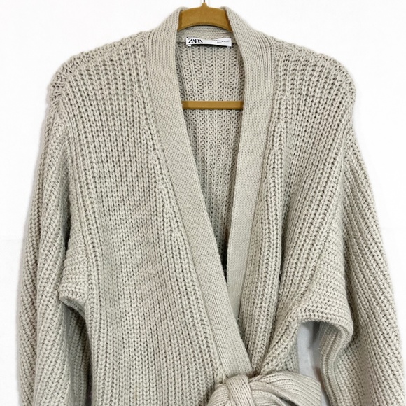X Zara Gray Chunky Knit Tie Front Oversized Cardigan Sweater Blogger Favorite - Picture 3 of 7